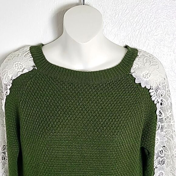 Listicle Army Green Sweater with White Lace Embroidered Longsleeves, Size Small - Picture 2 of 7
